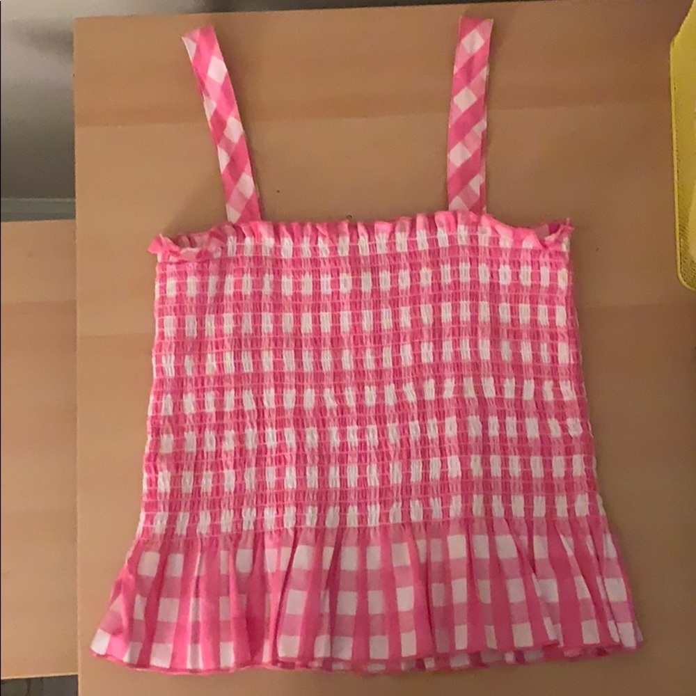 Pink and white peplum gingham tank top